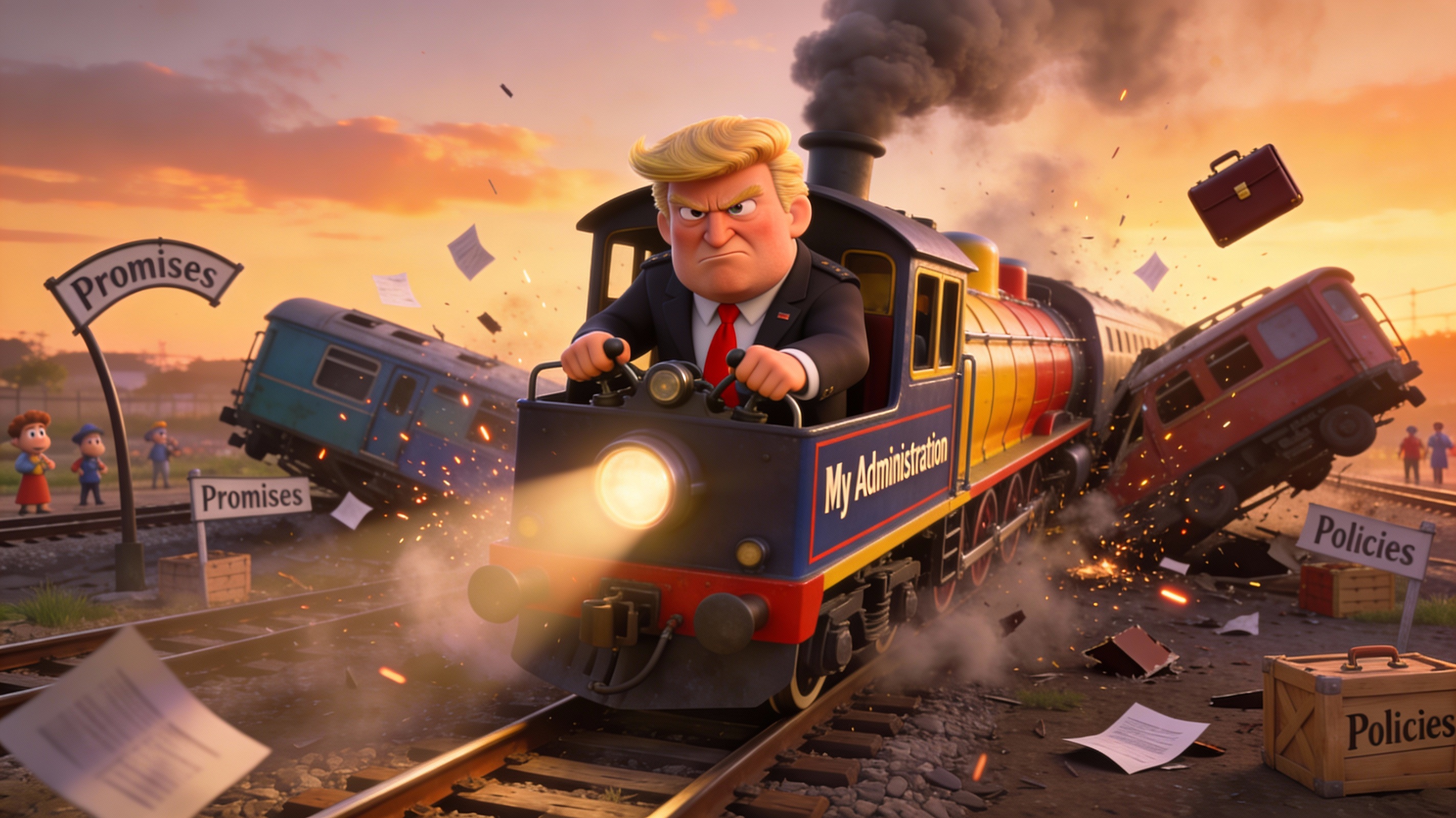 Trump–Kennedy Center artwork mocking Donald Trump as engineer-in-chief of a political trainwreck