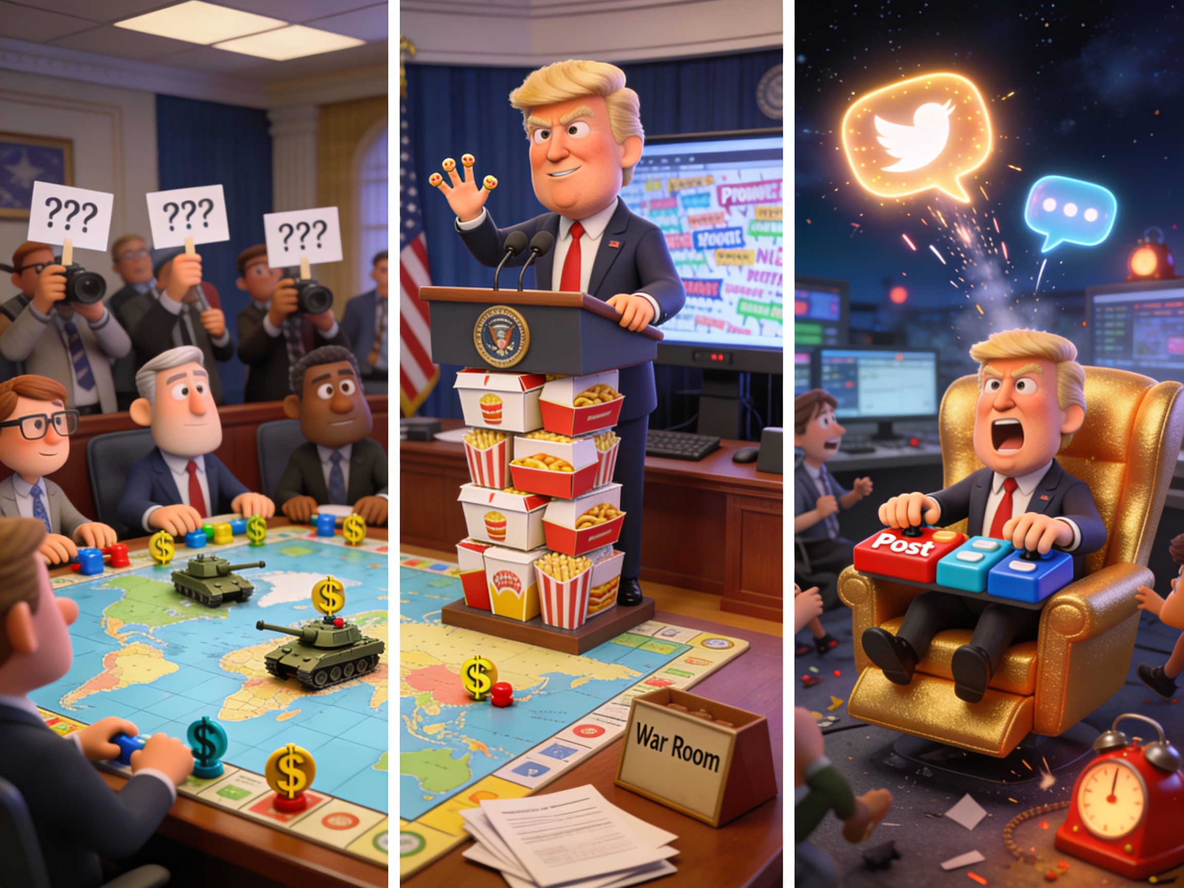 Animated cartoon presidents in a musical theatre parody about U.S.–Canada politics