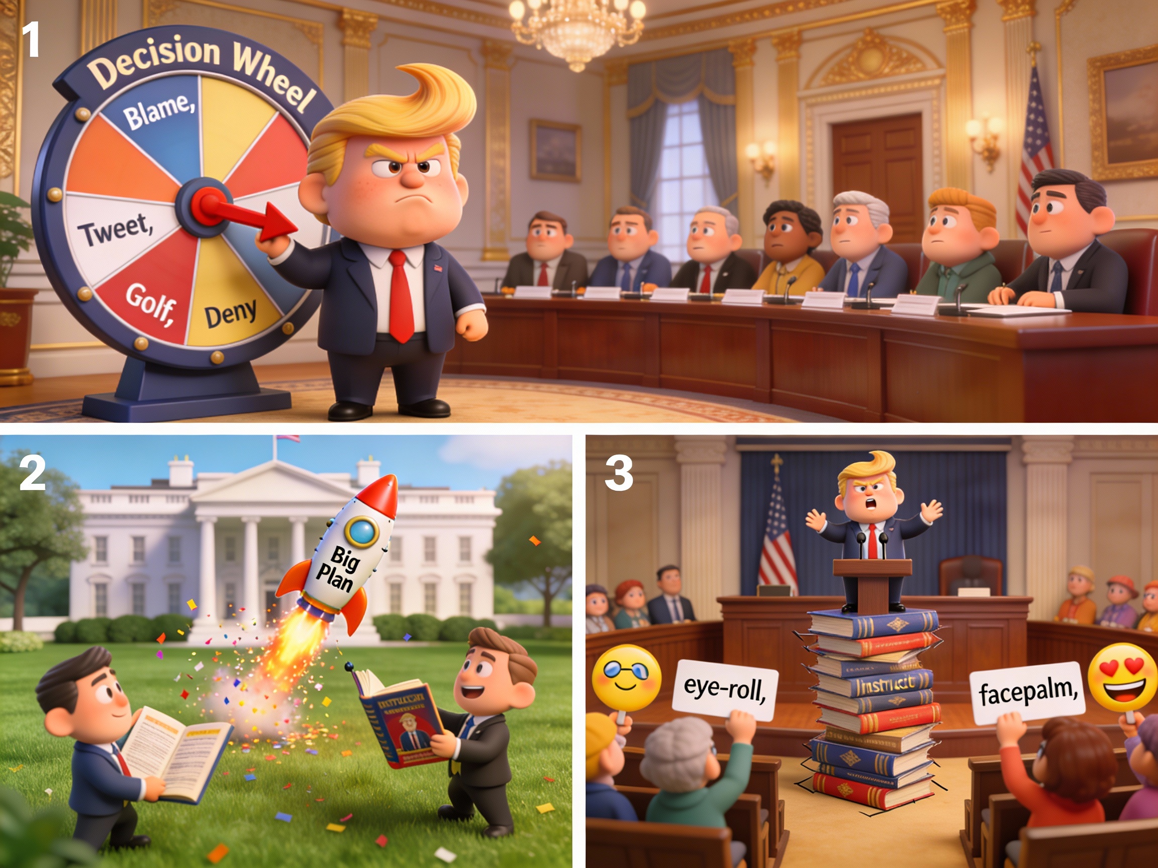 A cartoon Trump-like president in three satirical scenes: spinning a ‘Decision Wheel’ in a cabinet room, launching a ‘Big Plan’ rocket on the White House lawn, and standing on a stack of law books as an emoji-filled audience reacts.